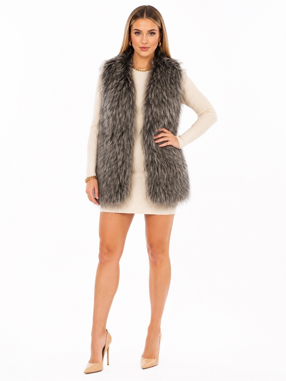 Nicole by Nicole Miller Gray Faux Fur Vest Medium Shaggy Mob Wife Luxe